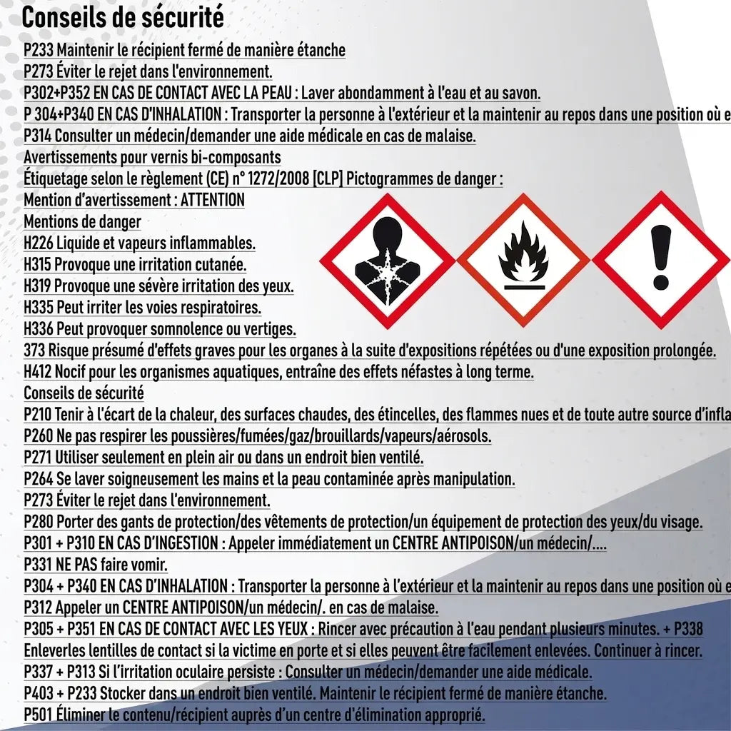 Liste de consignes de sécurité, phrases H et P, et pictogrammes de danger pour un produit chimique.