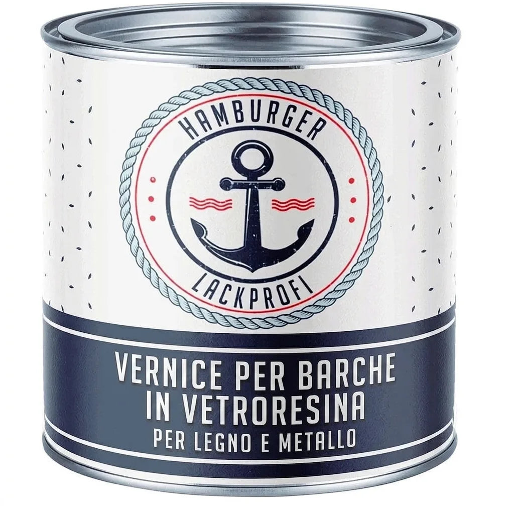 Vernice per barche Hamburger Lackprofi per legno e metallo, in un barattolo con etichetta nautica.