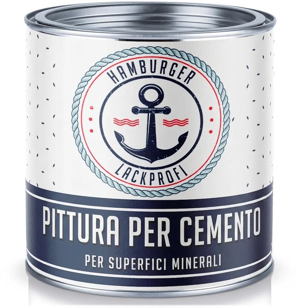 Lattina di vernice per calcestruzzo Hamburger Lackprofi, bianca e blu con àncora. Per superfici minerali.