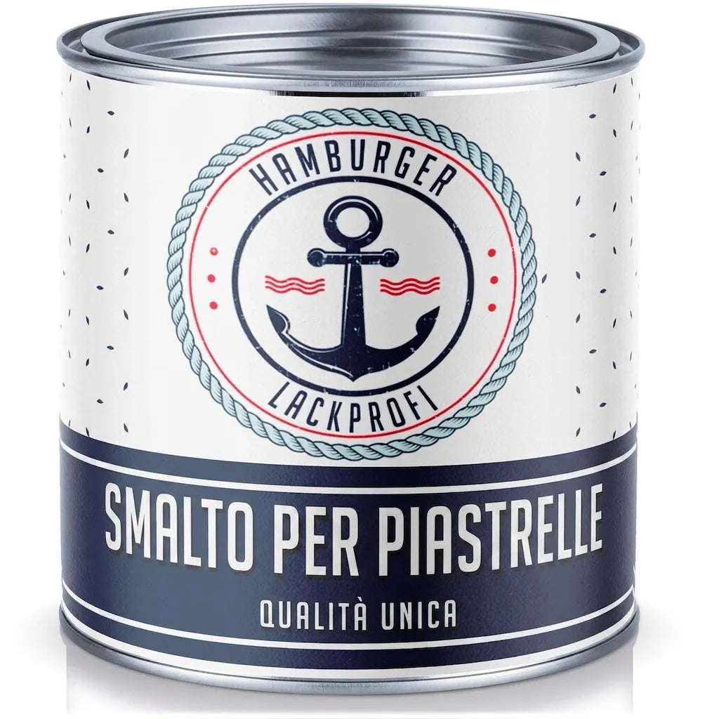 Lattina di vernice per piastrelle 'Hamburger Lackprofi' con ancora e scritta 'Qualità Unica'.