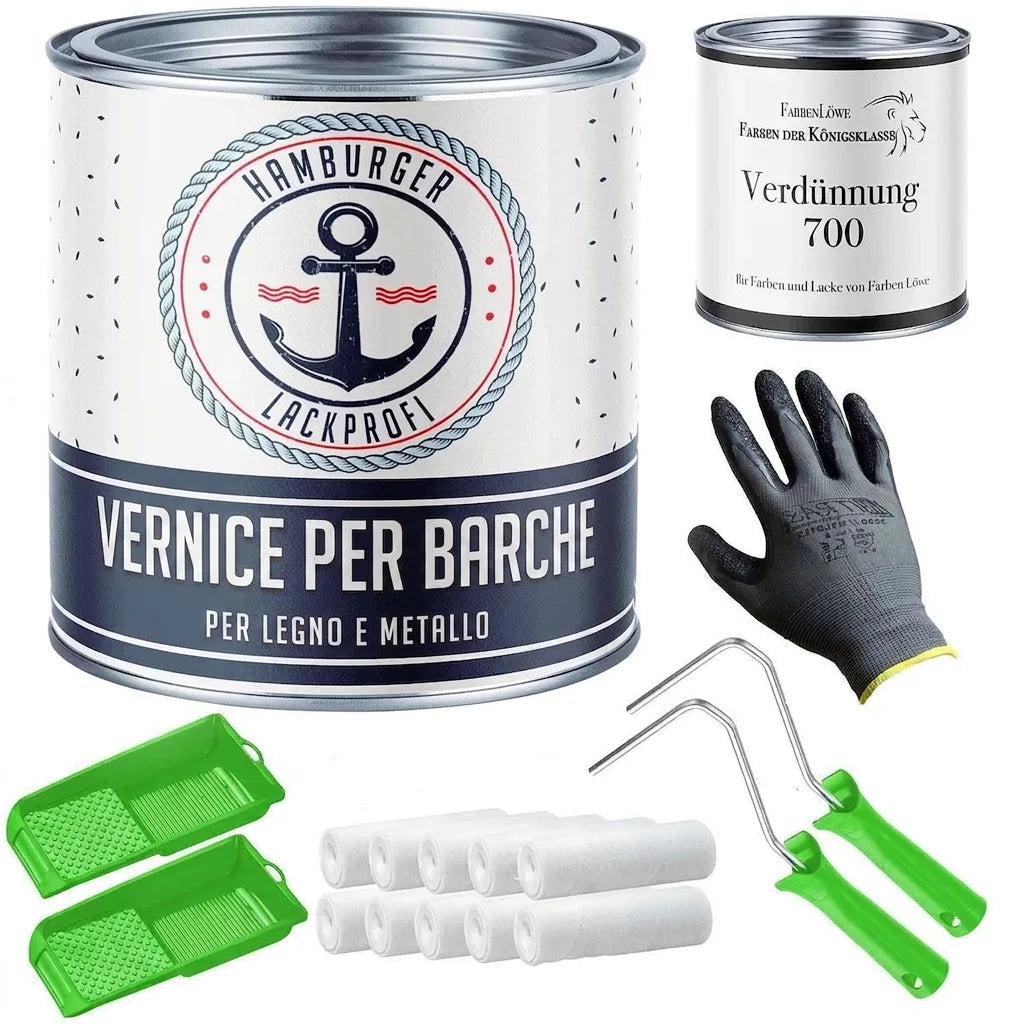 Kit completo per pittura barche: vernice, diluente, 8 rulli, 2 telai, 2 vaschette, guanto protettivo.