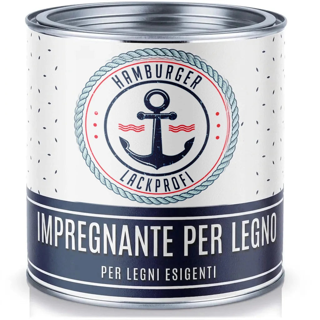 Barattolo di impregnante per legno "Hamburger Lackprofi" con logo ancora, design nautico, per legni esigenti.