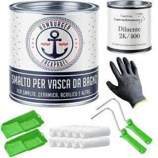 Smalto bicomponente per vasca da bagno in set completo per verniciare la vasca da bagno con rullo per verniciare e diluente - Hamburger Lack-Profi (X300)