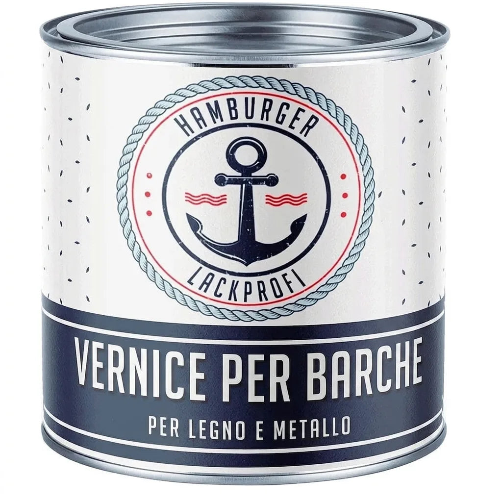Vernice per barche Hamburger Lackprofi per legno e metallo, in un barattolo con etichetta nautica.