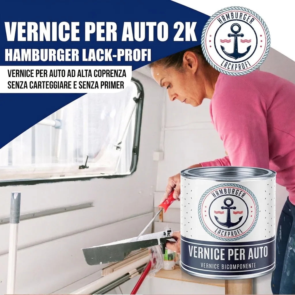 Donna che vernicia l'interno di un camper con vernice 2K per auto di Hamburger Lack-Profi.