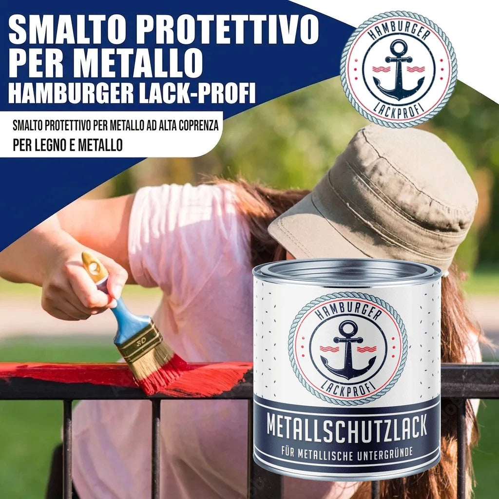 Smalto protettivo per metallo Hamburger Lack-Profi. Donna dipinge ringhiera con latta di "METALLSCHUTZLACK".