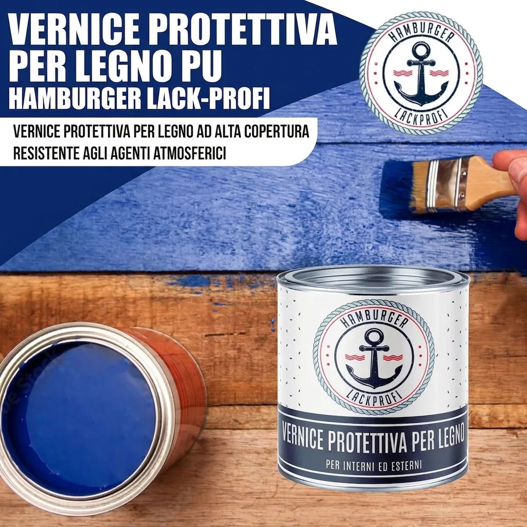 Vernice blu PU per legno Hamburger Lack-Profi, alta copertura, resistente alle intemperie, per interni ed esterni.