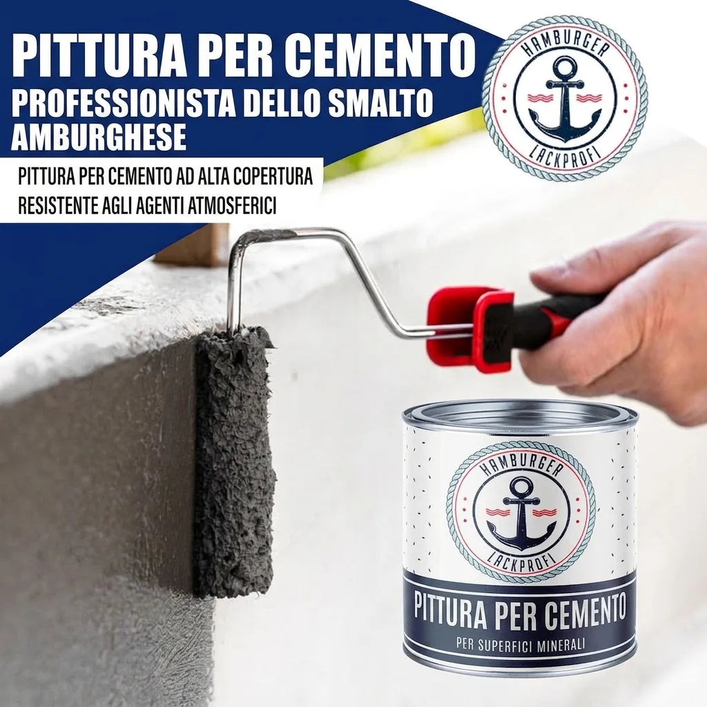Vernice per cemento grigio scuro applicata con rullo su calcestruzzo. Barattolo di BETONFARBE, coprente e resistente.