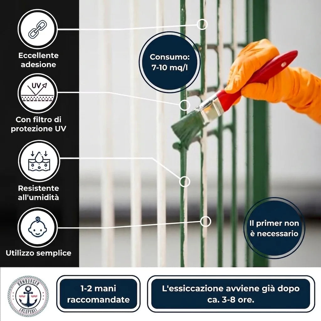 Vernice verde per recinzioni in metallo, con protezione UV, resistente all'umidità, facile da usare e asciugatura rapida.