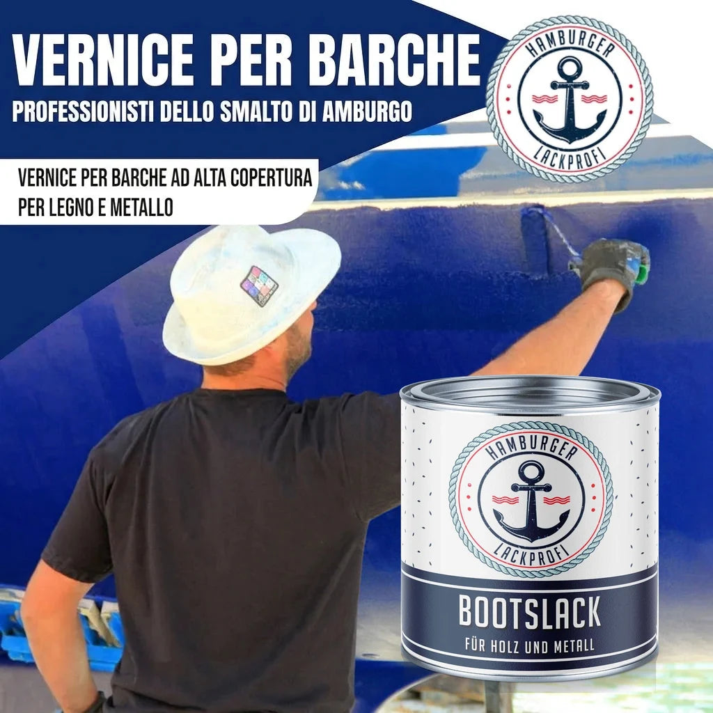Uomo vernicia barca blu con "BOOTSLACK" di Hamburger Lackprofi. Vernice per barche ad alta copertura.