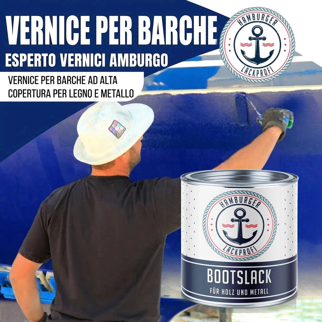 Vernice per barche "Hamburger Lackprofi Bootslack" per legno e metallo, applicata su una barca blu.