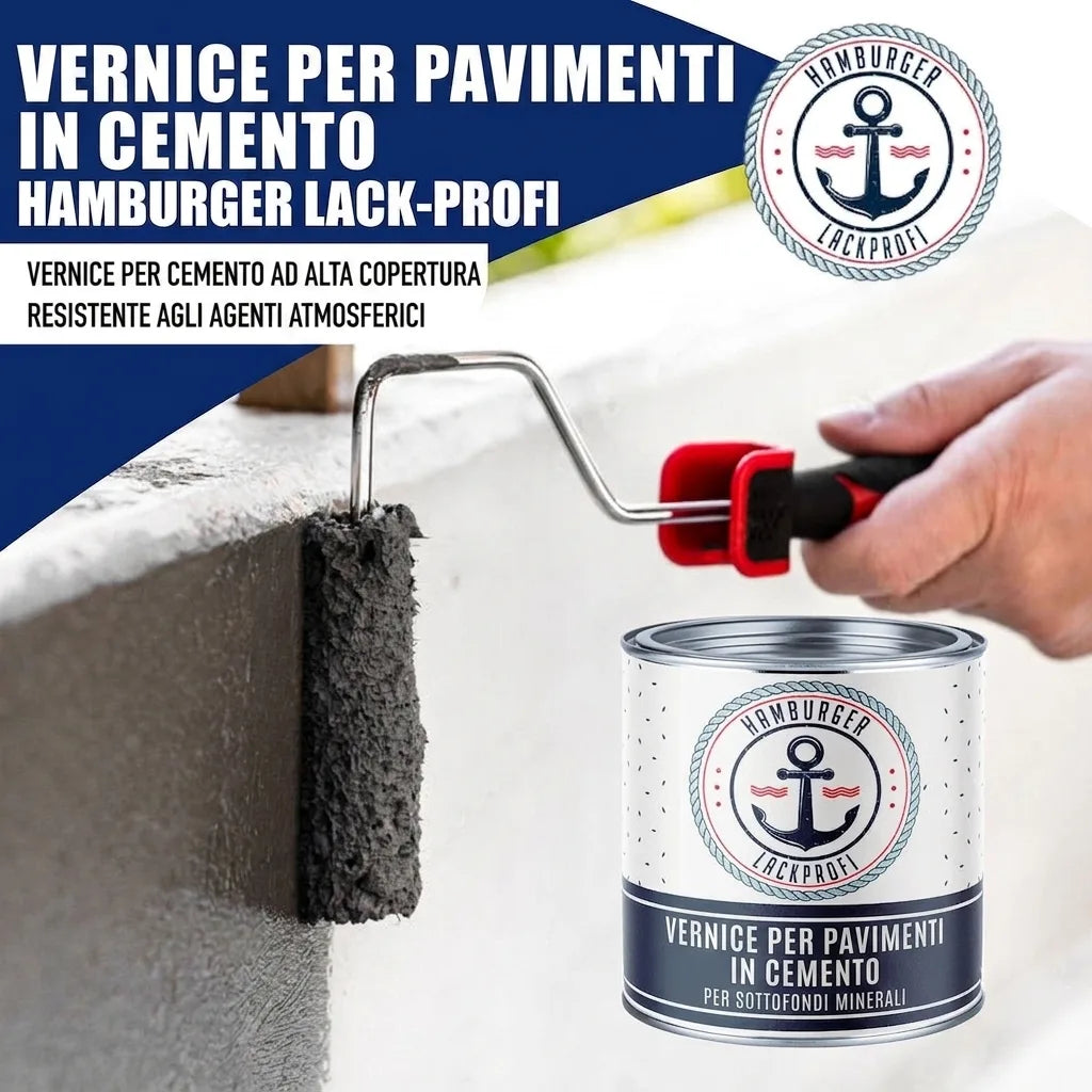 Mano che applica vernice grigia per cemento con rullo; latta di vernice Hamburger Lack-Profi.
