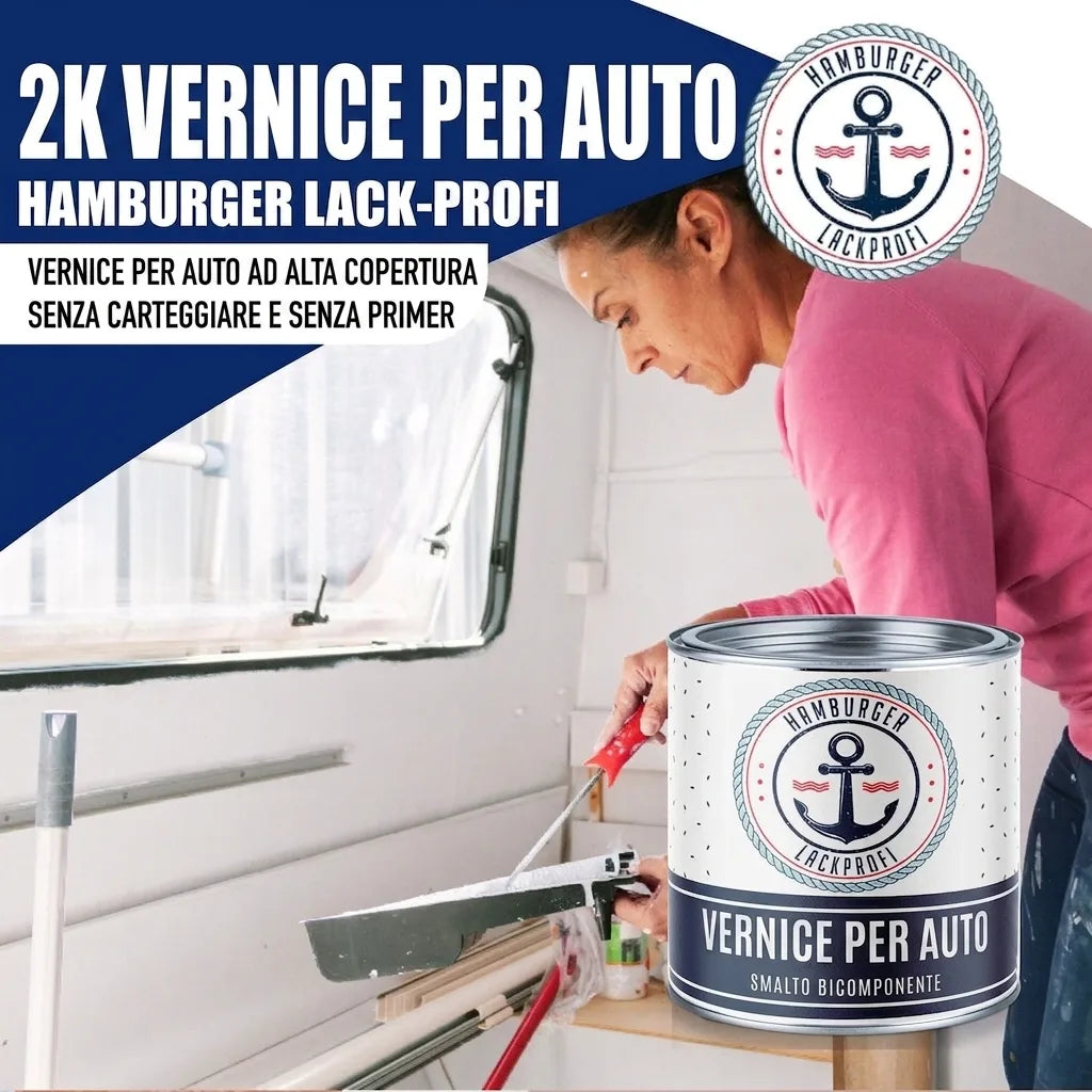 Donna che vernicia l'interno di un camper con vernice 2K per auto di Hamburger Lack-Profi.