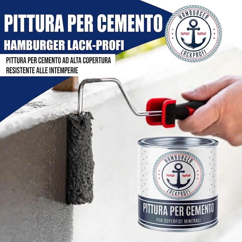 Mano che applica vernice grigia per cemento con rullo; latta di vernice Hamburger Lack-Profi.