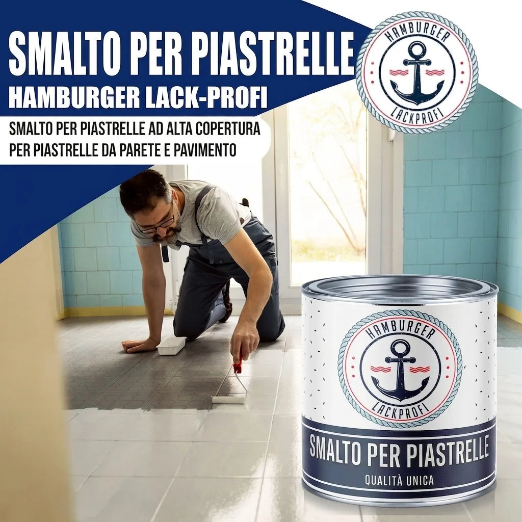 Uomo dipinge piastrelle con vernice ad alta copertura Fliesenlack di Hamburger Lack-Profi. Per pareti e pavimenti.