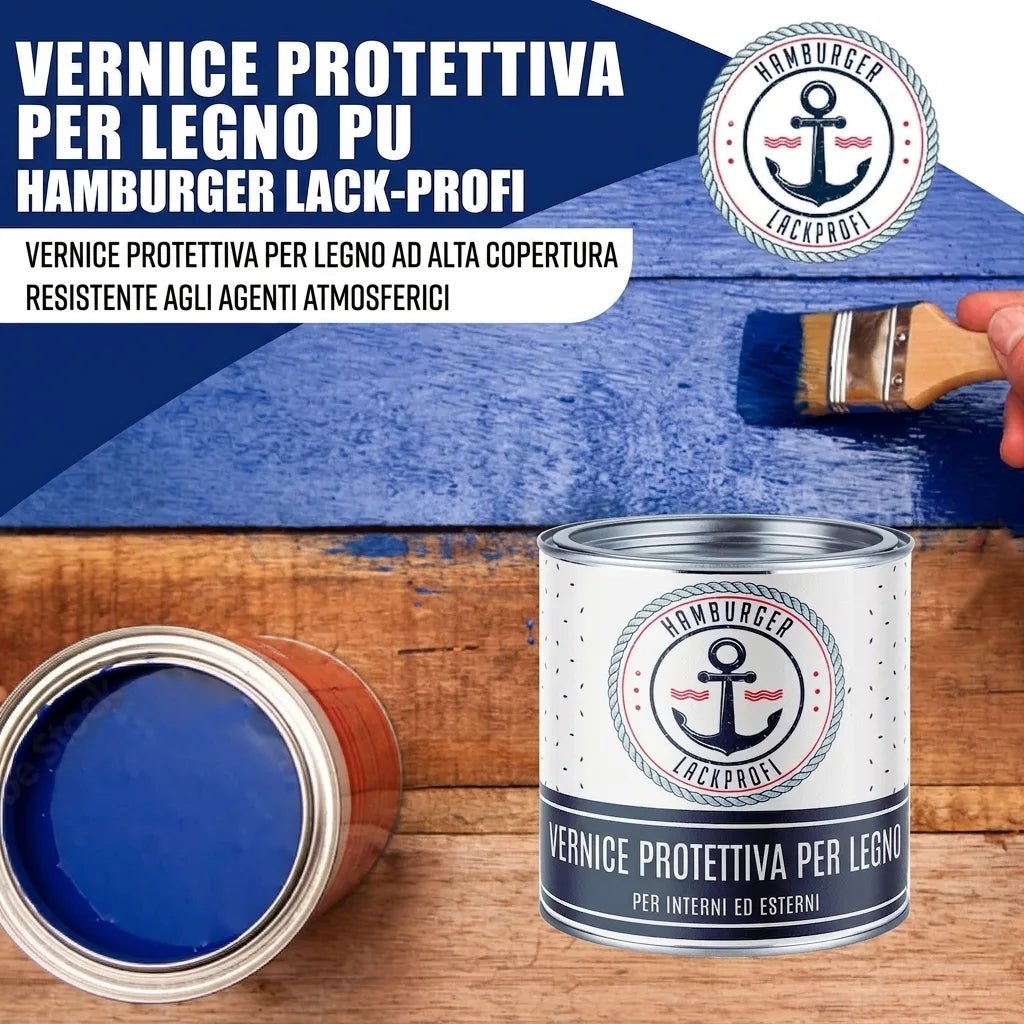 Vernice protettiva blu PU Hamburger Lack-Profi per legno, alta coprenza, resistente intemperie, interni/esterni.