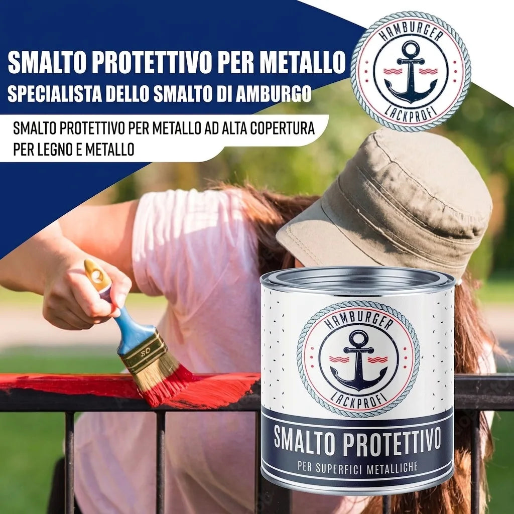 Persona dipinge ringhiera rossa, lattina di smalto protettivo per metallo Hamburger Lack-Profi per legno e metallo.