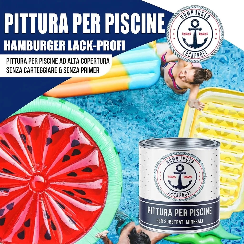 Vernice per piscine Hamburger Lack-Profi ad alta copertura, senza carteggiare o primer, mostrata in piscina con persone.