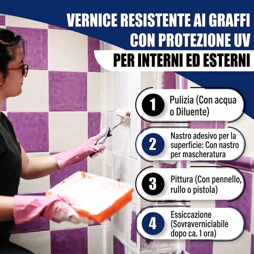 Donna che dipinge piastrelle con vernice antigraffio UV, istruzioni per applicazione interna ed esterna.