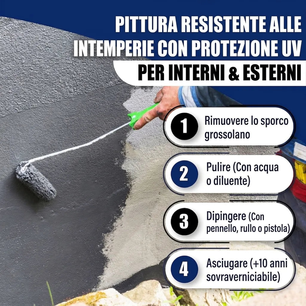 Pittura grigia resistente alle intemperie con protezione UV per interni ed esterni, con istruzioni d'uso.