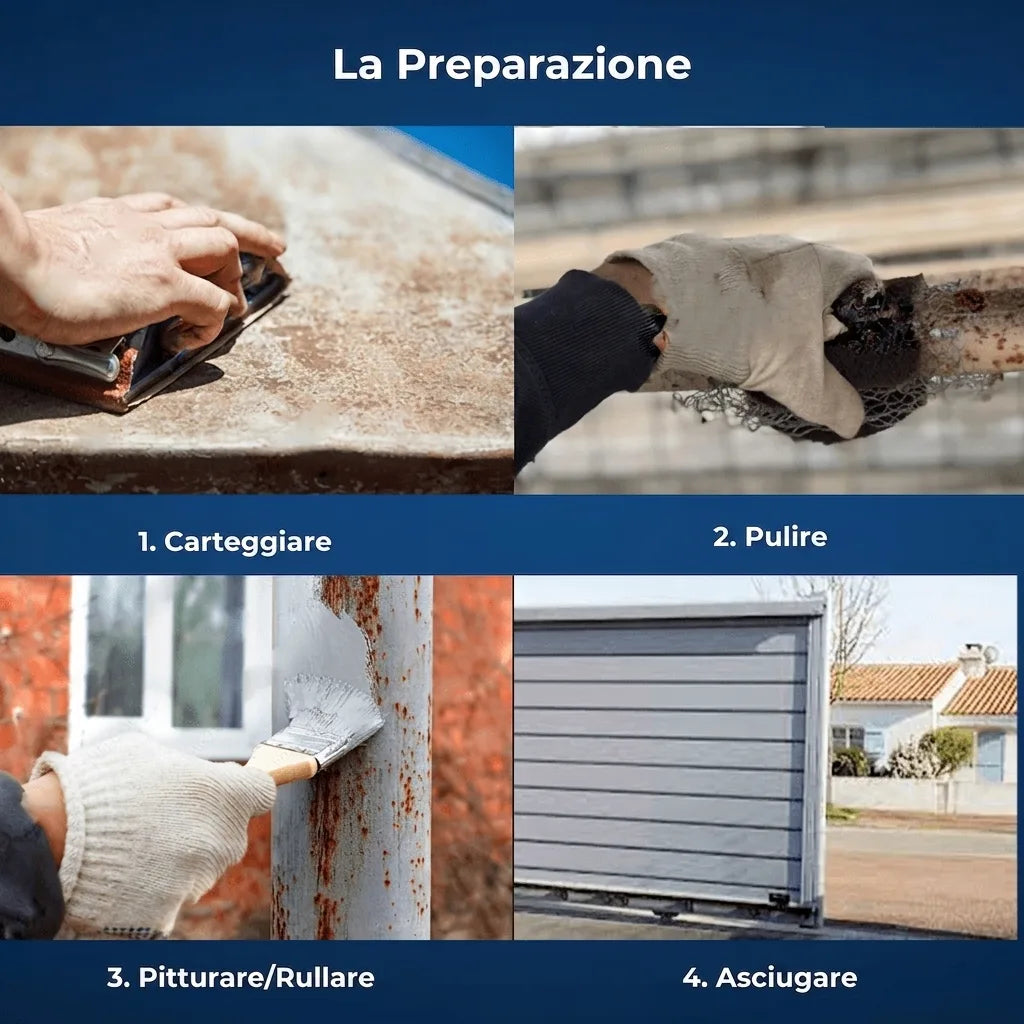 Istruzioni passo-passo per la preparazione e pittura di superfici, mostrando levigatura, pulizia, applicazione e asciugatura.