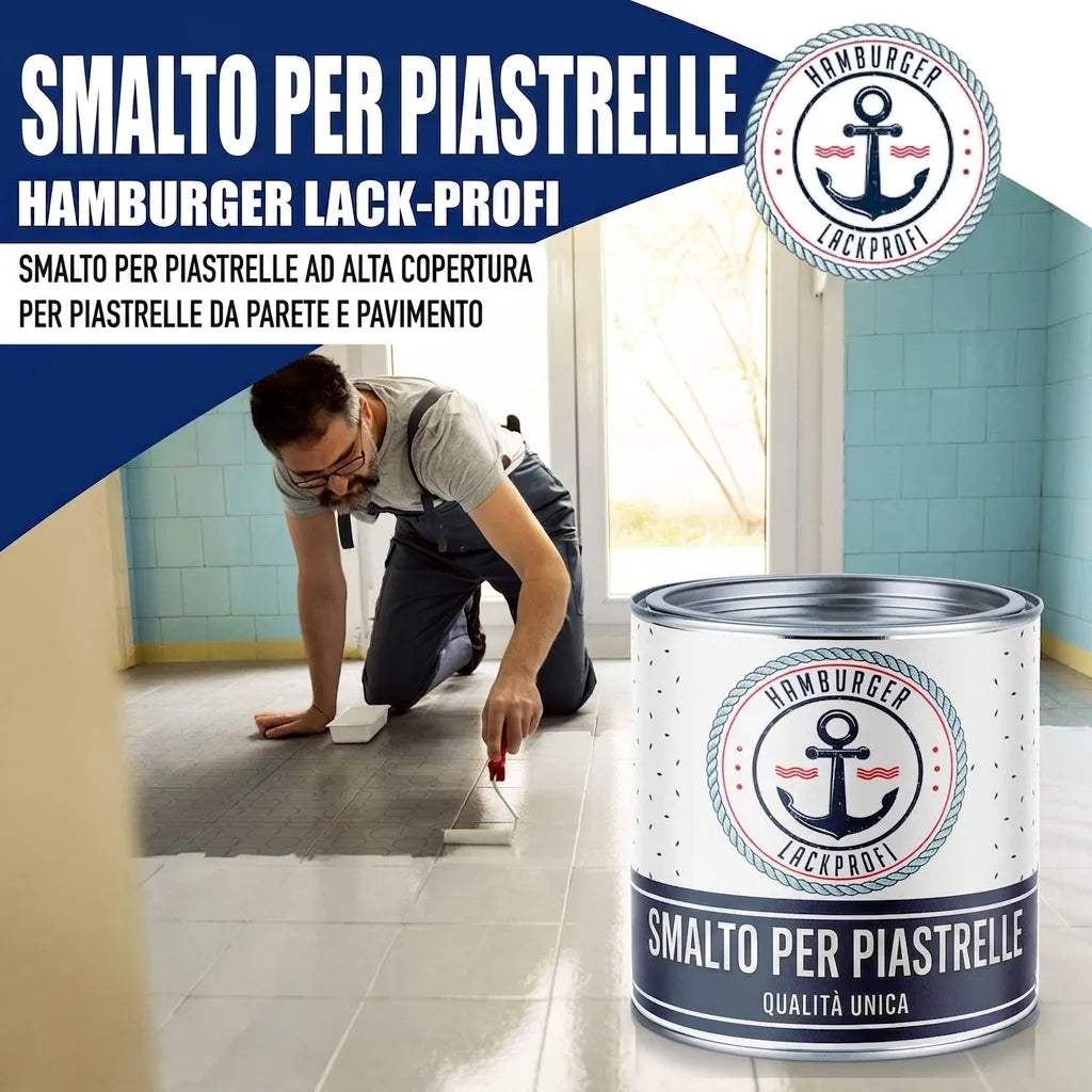 Uomo che dipinge piastrelle del pavimento con smalto bianco. Barattolo di smalto per piastrelle Hamburger Lack-Profi.
