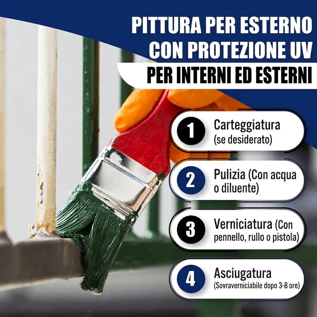 Pittore applica vernice verde protettiva UV per interni ed esterni su ringhiera metallica, con istruzioni passo-passo.
