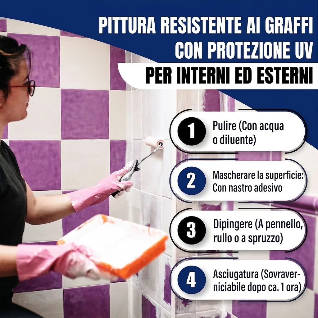Donna che dipinge piastrelle. Pittura antigraffio e UV per interni/esterni con istruzioni d'applicazione.