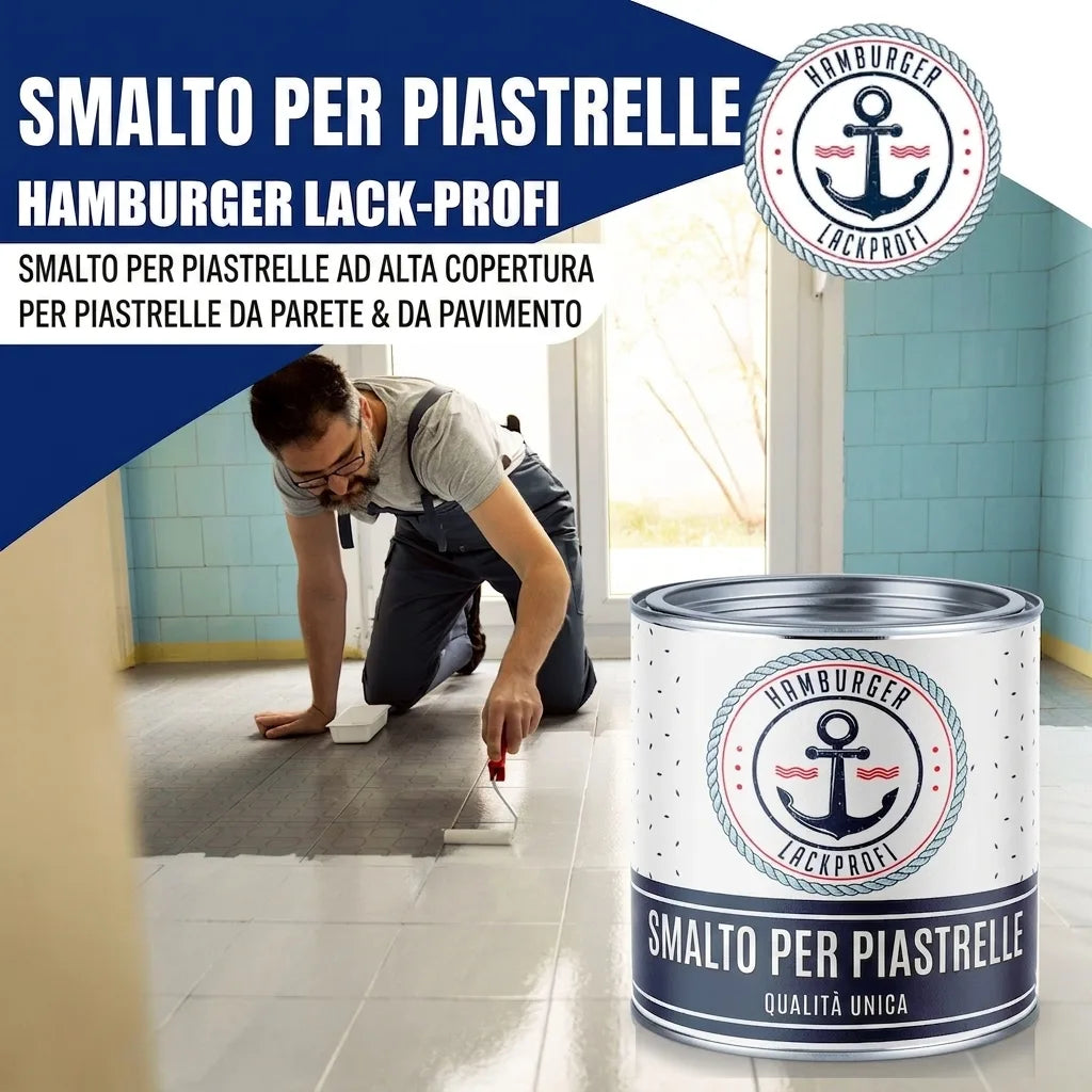 Uomo che dipinge piastrelle con vernice per piastrelle ad alta copertura Hamburger Lack-Profi per pavimenti e pareti.
