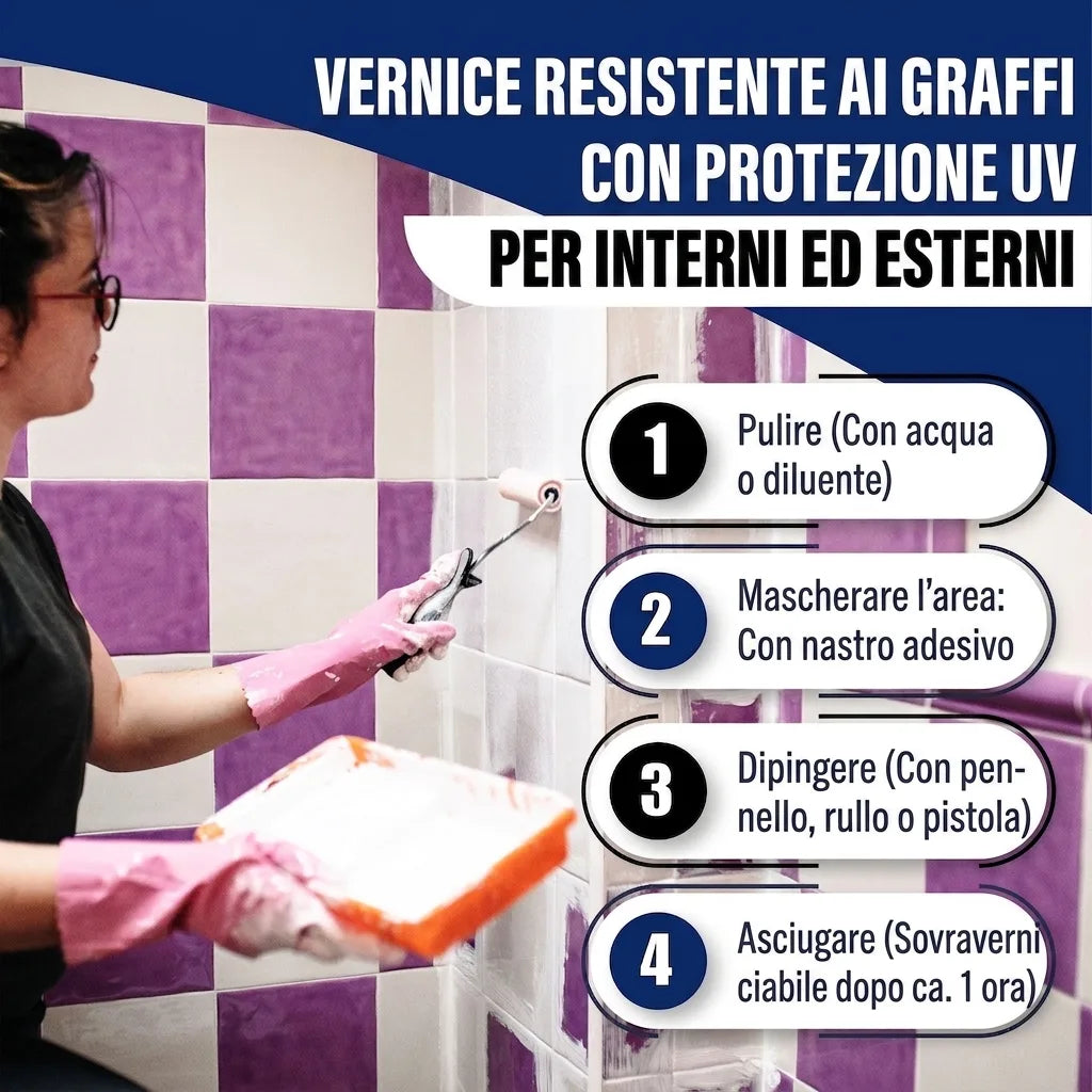 Donna che dipinge piastrelle con vernice antigraffio UV, istruzioni per applicazione interna ed esterna.