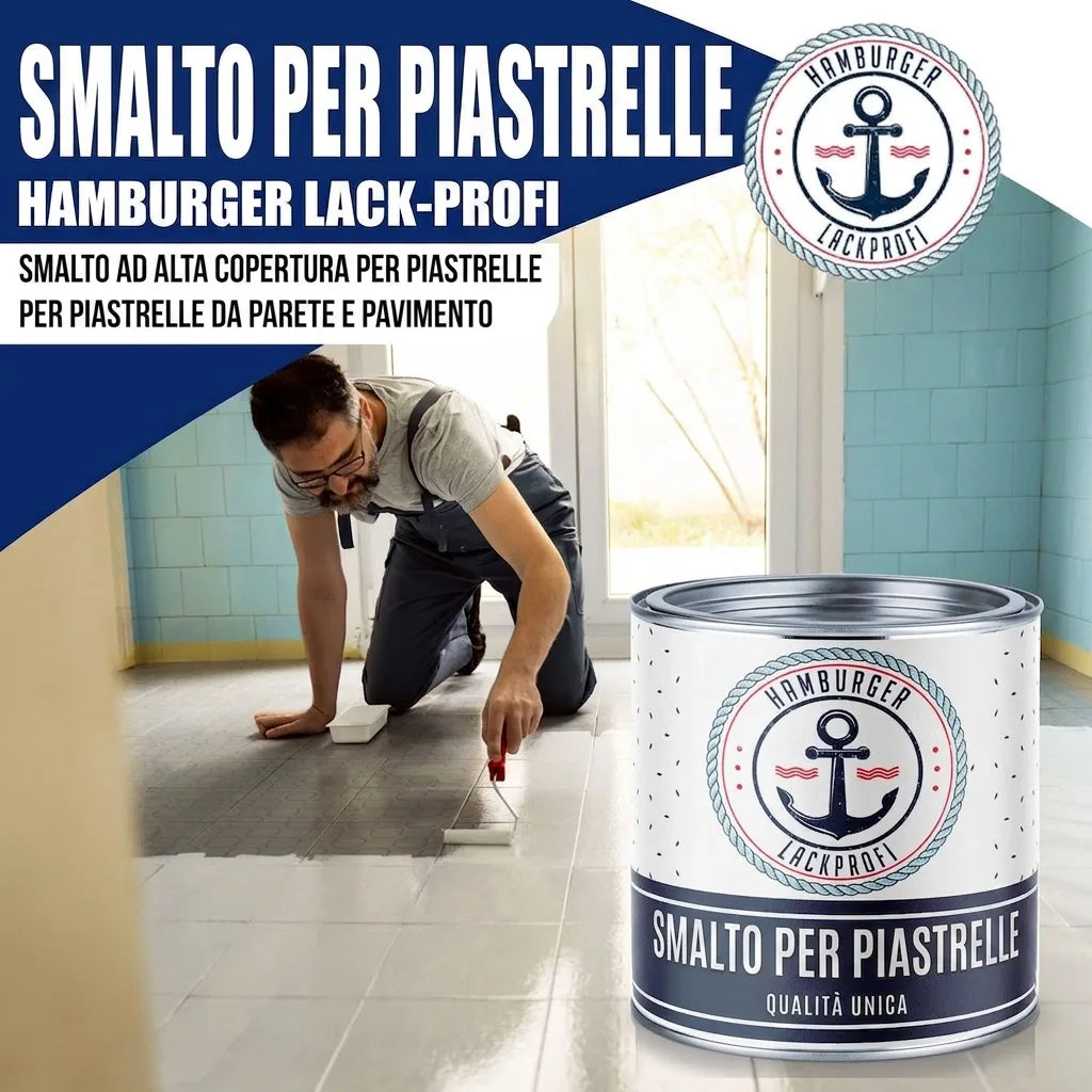 Uomo che dipinge piastrelle con vernice per piastrelle ad alta copertura Hamburger Lack-Profi per pavimenti e pareti.
