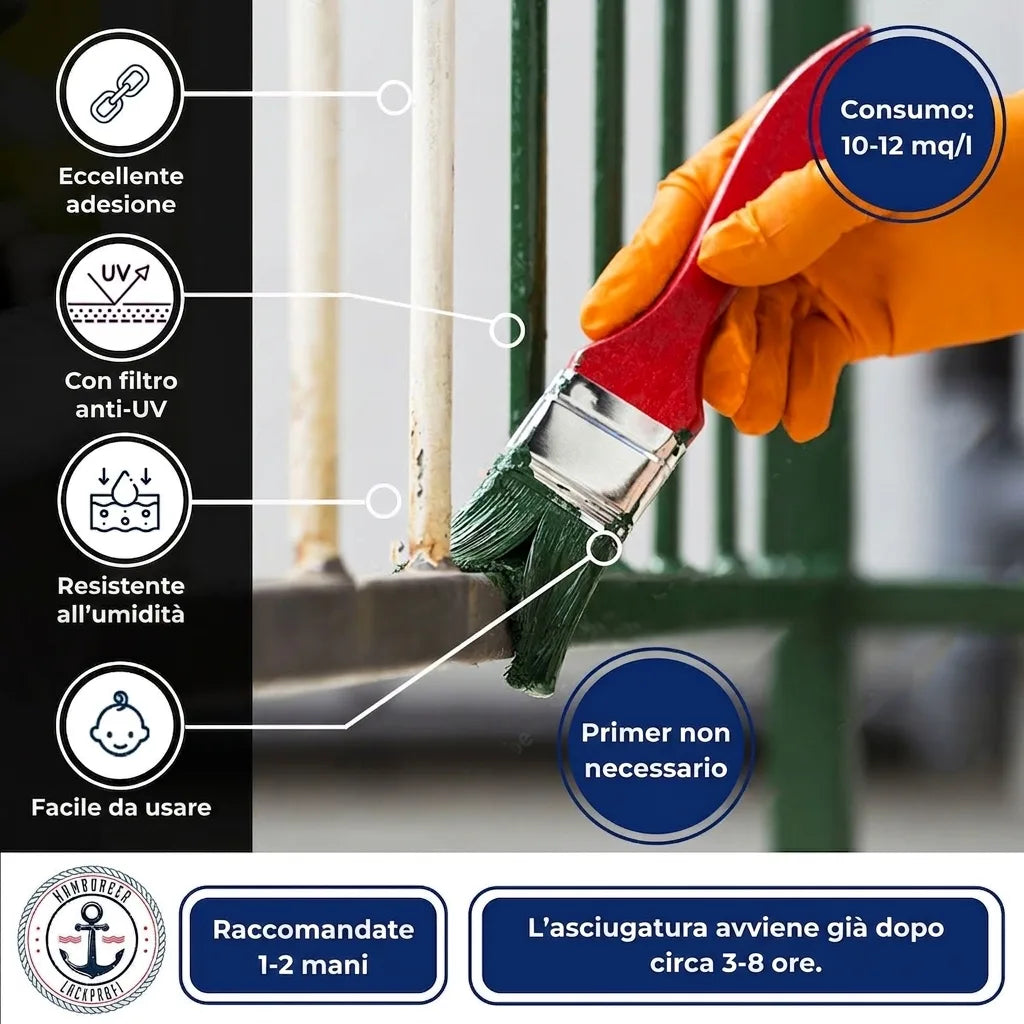 Pittura verde metallo: alta aderenza, UV, resistenza umidità. Facile uso, nessun primer, asciugatura 3-8h, consumo 10-12mq/l.