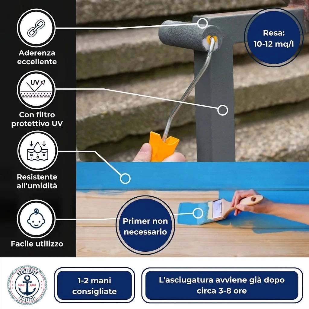 Caratteristiche vernice: ottima aderenza, protezione UV, resistente umidità, facile, no primer. Consumo 10-12mq/l, asciugatura 3-8h.