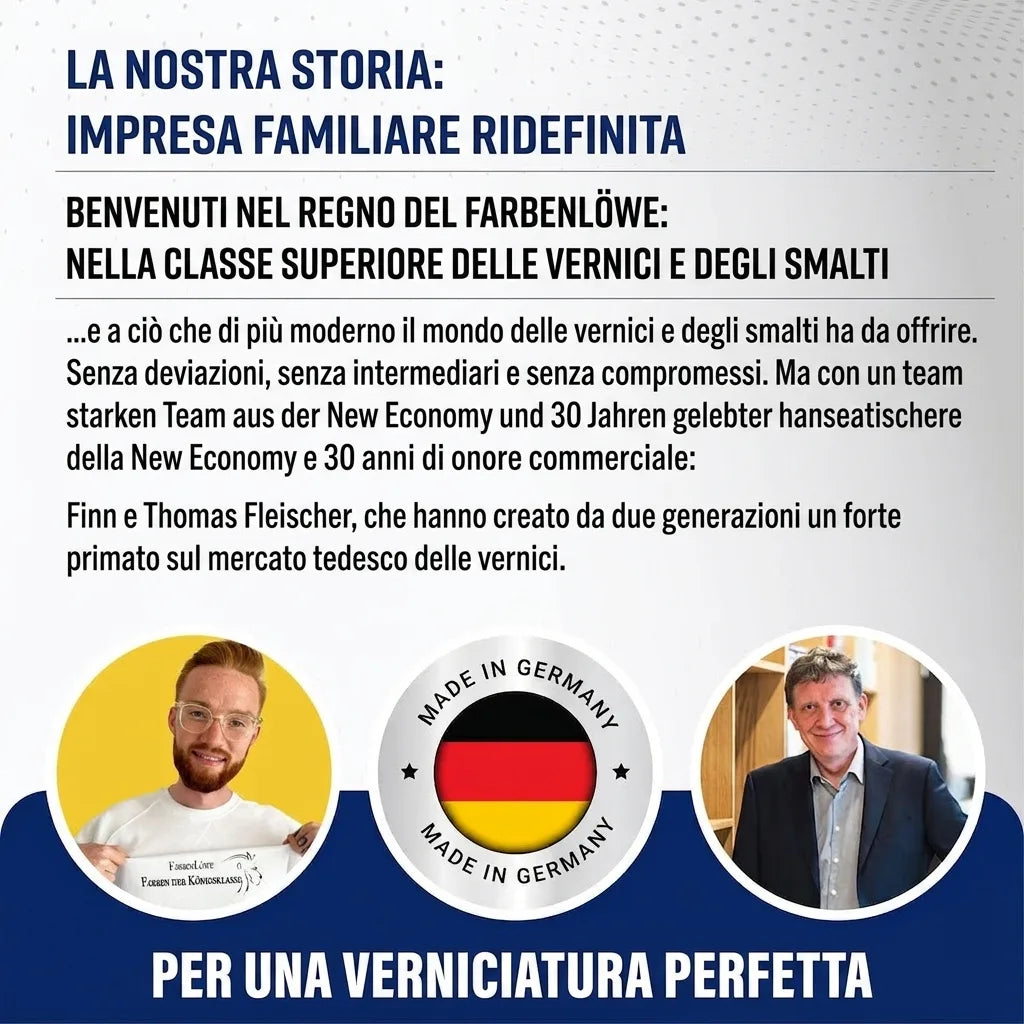 Testo informativo tedesco su azienda familiare di vernici e smalti, con ritratti dei fondatori e sigillo Made in Germany.