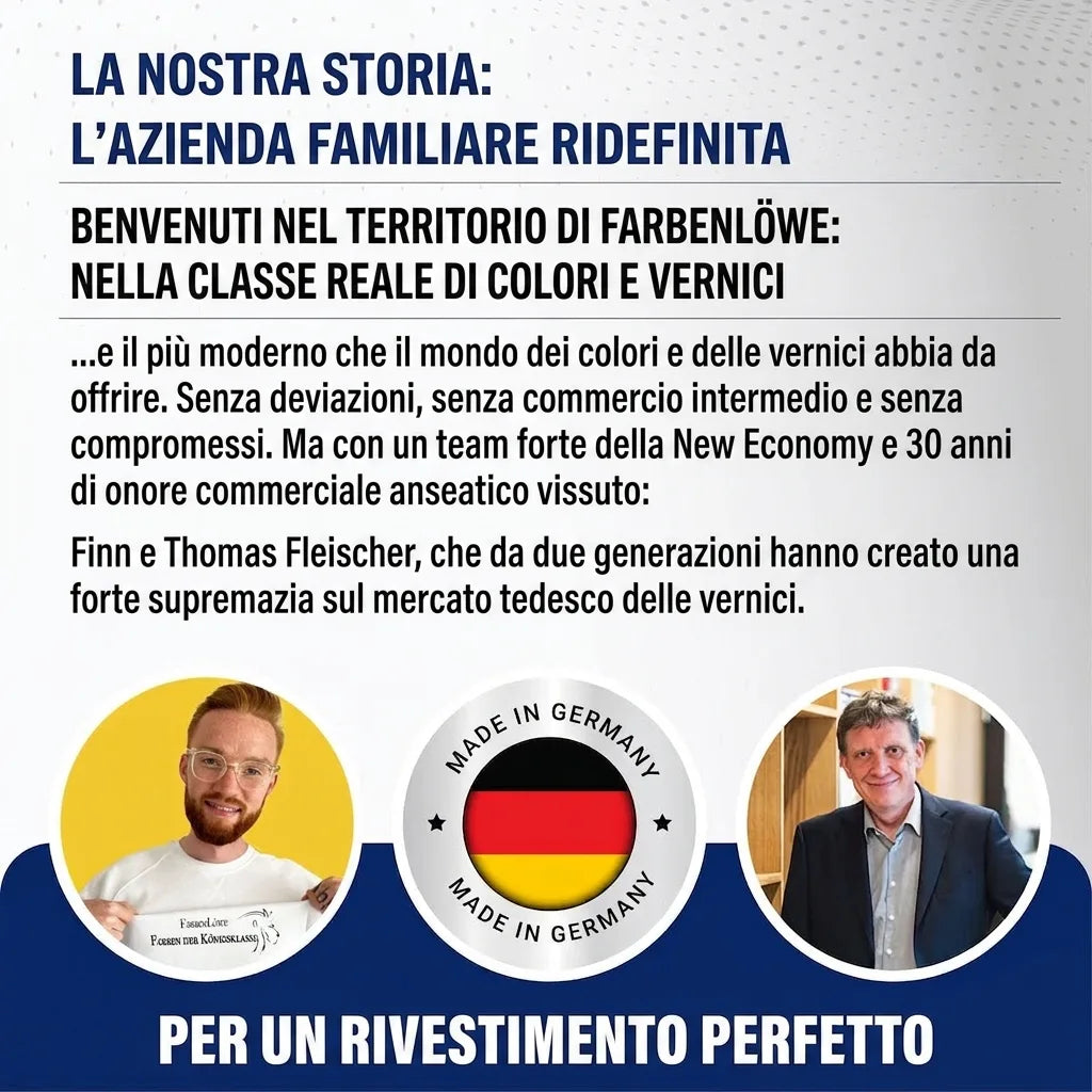 Presentazione di Farbenlöwe, azienda familiare tedesca di vernici e colori, con fondatori e marchio 'Made in Germany'.