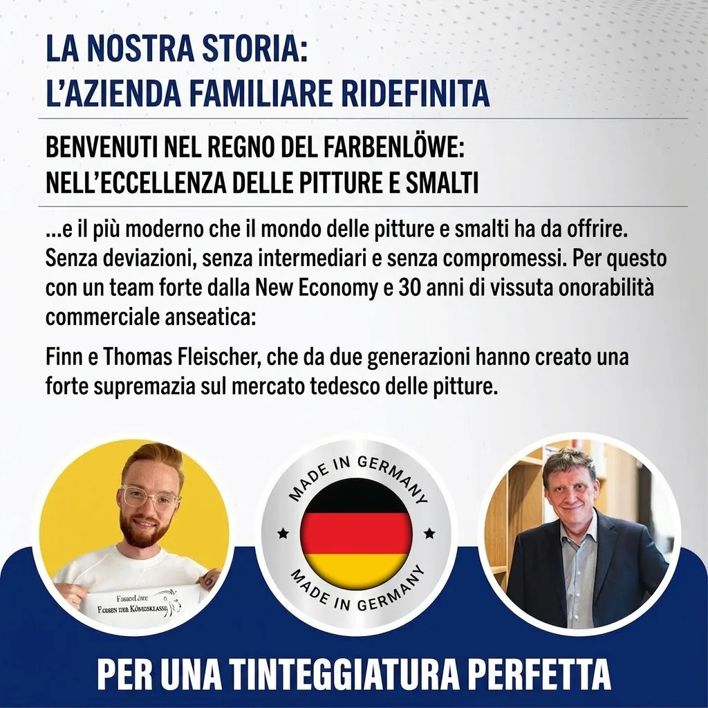 Due uomini con testo tedesco su azienda di famiglia nel settore vernici e colori, badge 'Made in Germany'.