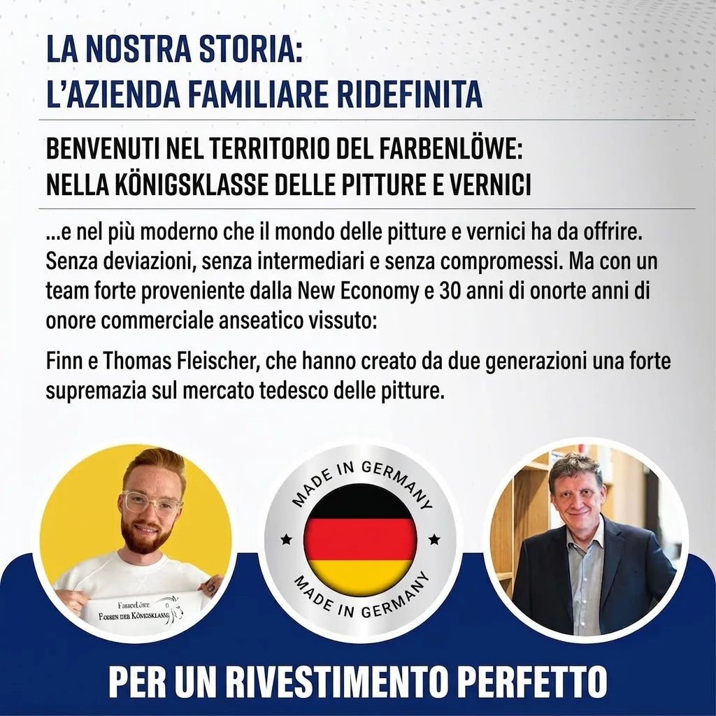 Pagina informativa Farbenlöwe: azienda familiare tedesca di vernici e pitture di alta qualità con i fondatori.