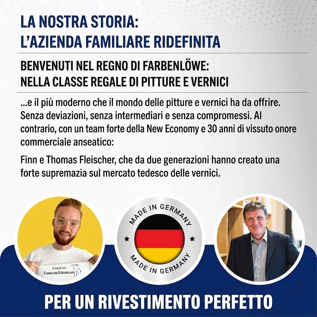 Storia dell'azienda di vernici Farbenlöwe, con i fondatori Finn e Thomas Fleischer e qualità Made in Germany.
