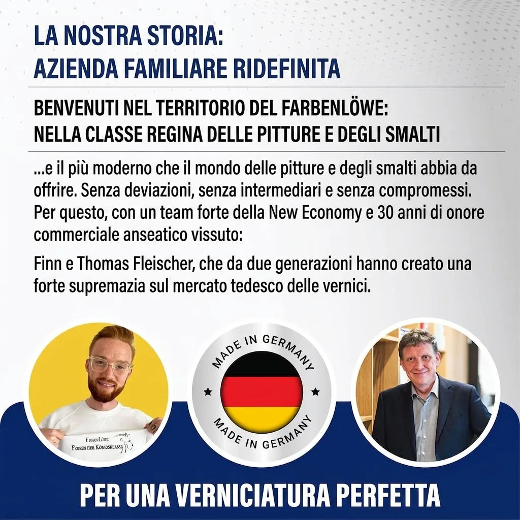Presentazione aziendale tedesca: 'La nostra storia: l'azienda di famiglia ridefinita'. Con due uomini e logo 'Made in Germany'.