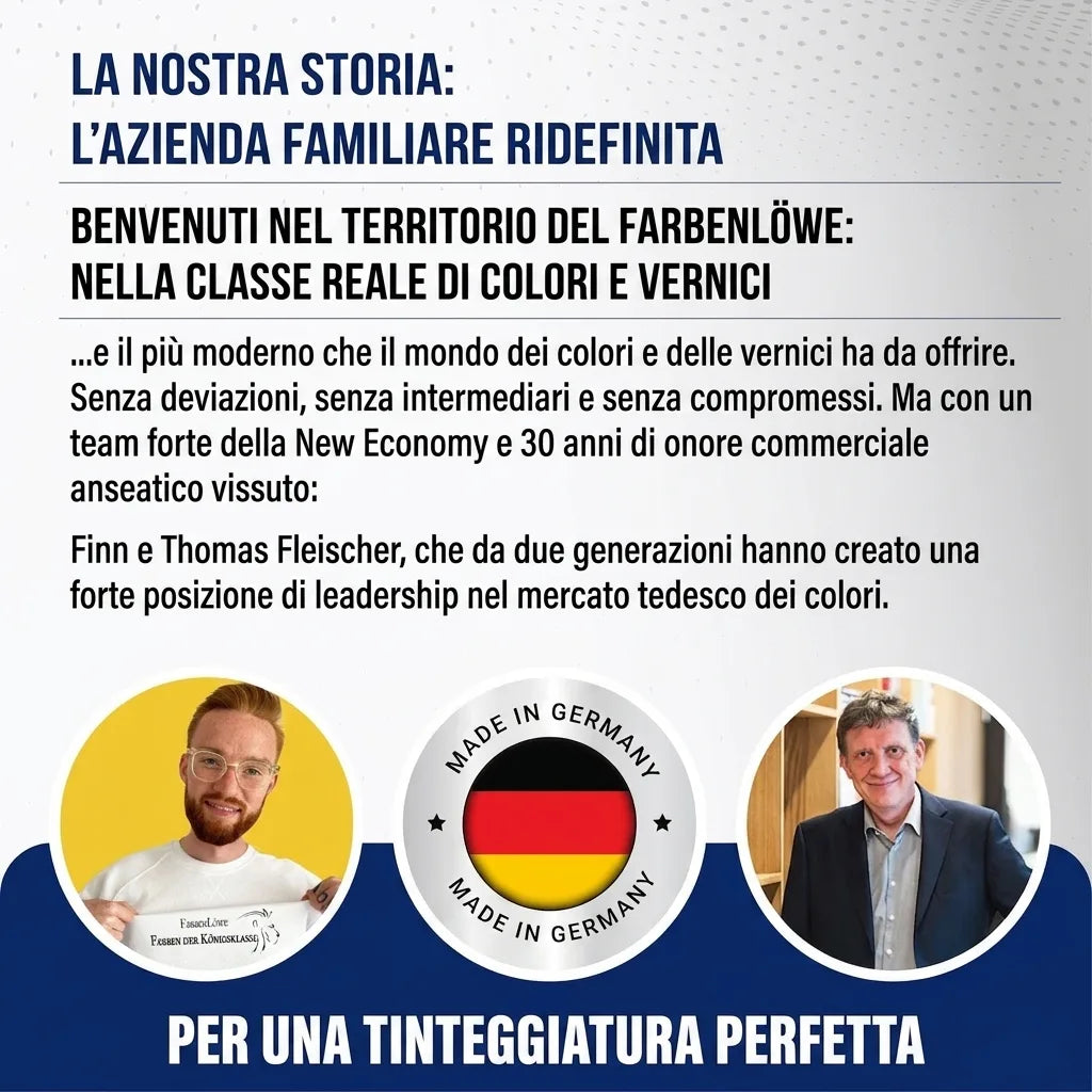 Testo tedesco su un'azienda familiare di vernici, con ritratti di due uomini e l'etichetta 'Made in Germany'.