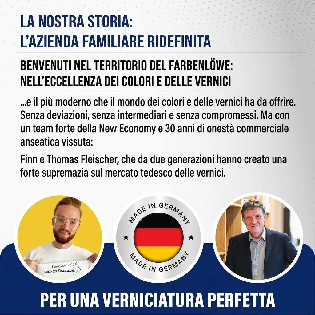 Due uomini con testo tedesco su azienda di famiglia nel settore vernici e colori, badge 'Made in Germany'.