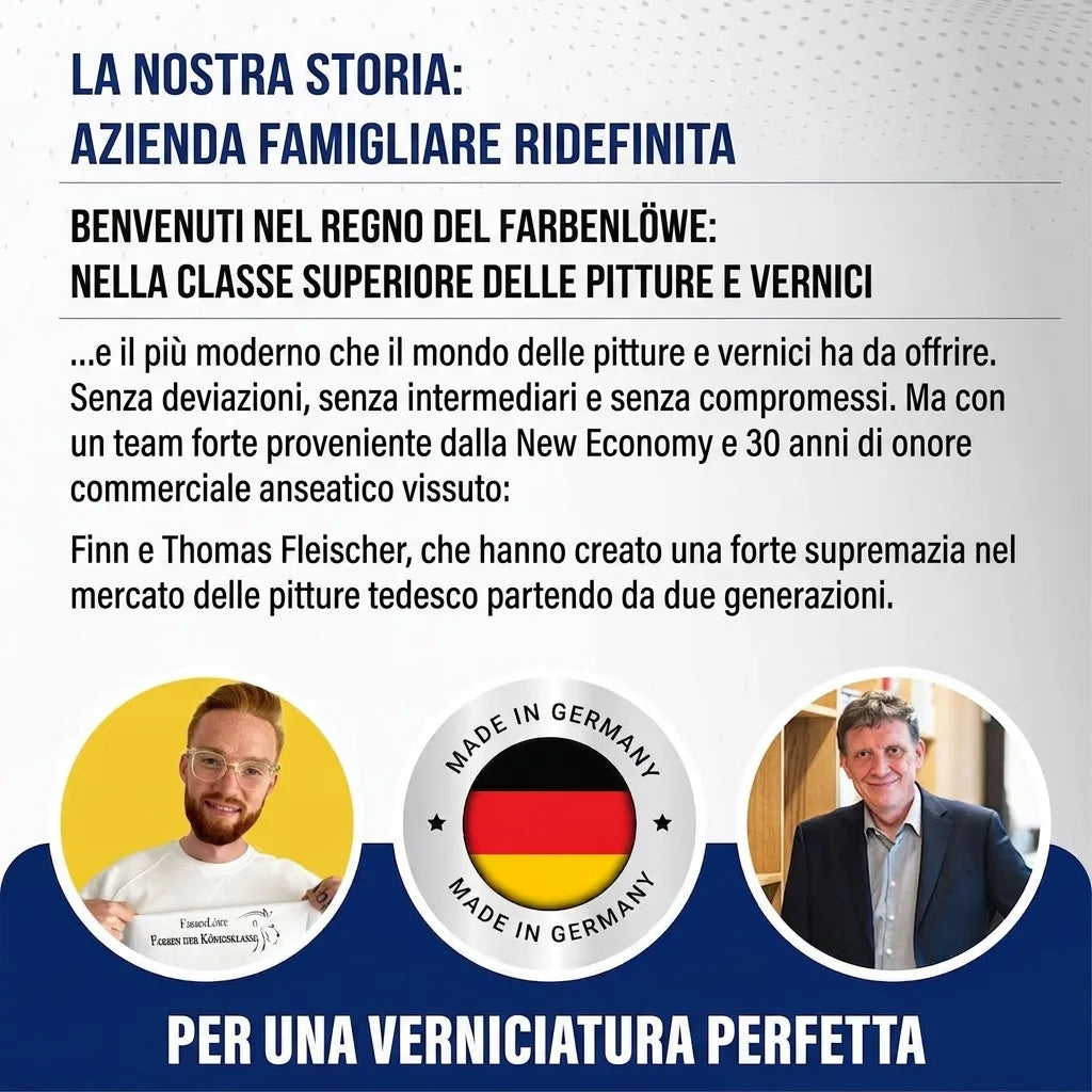 Descrizione azienda tedesca di vernici Farbenlöwe con fondatori Finn e Thomas Fleischer e claim 'Made in Germany'.