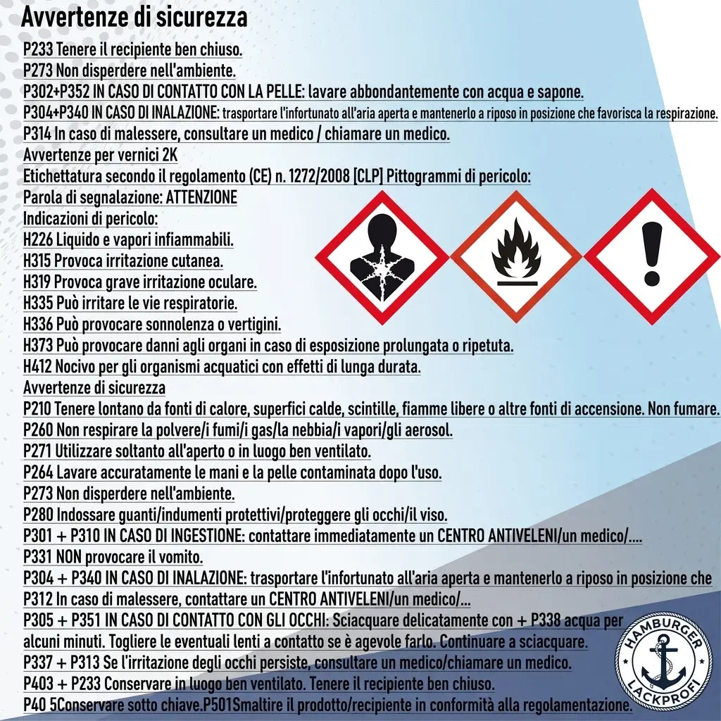 Istruzioni di sicurezza dettagliate e simboli di pericolo CLP per prodotti chimici.