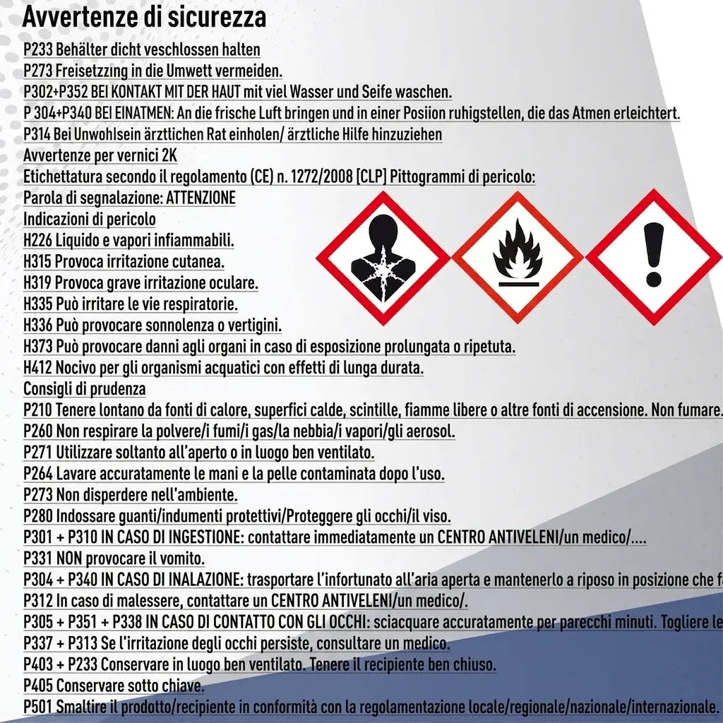 Istruzioni di sicurezza con avvertenze e pittogrammi di pericolosità chimica in tedesco.