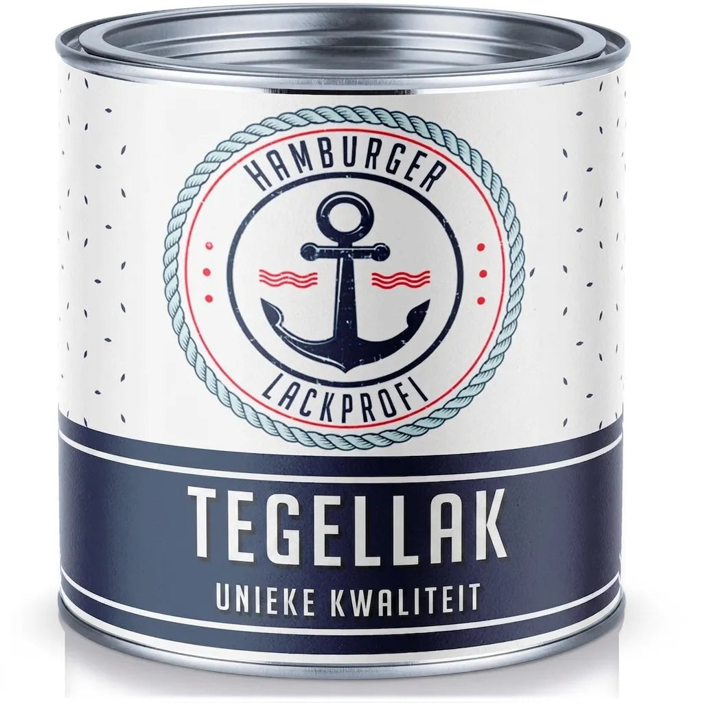 Hamburger Lackprofi tegellak in blik, witte verf met nautisch ankerlogo, voor unieke kwaliteit.