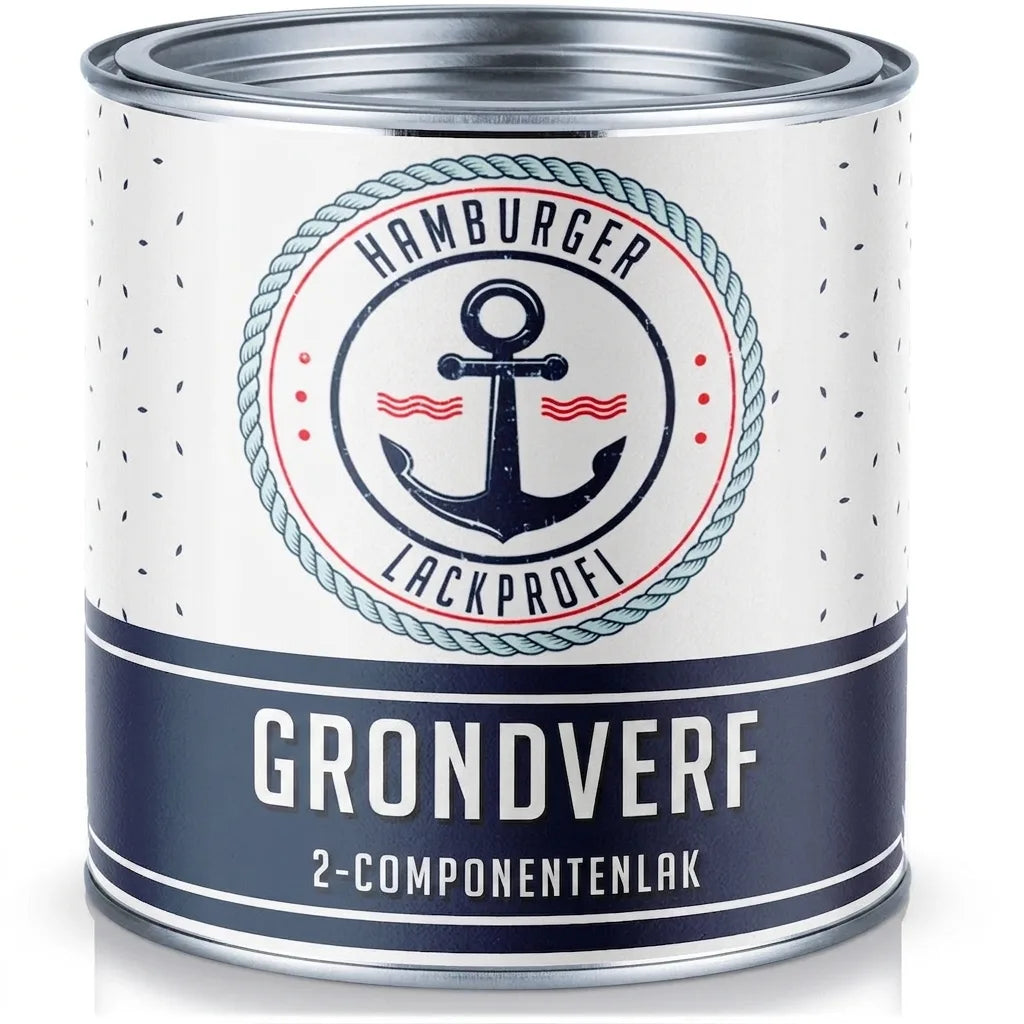 Verfblik 'Hamburger Lackprofi' grondverf, 2-componenten lak. Maritiem logo met anker en touw.