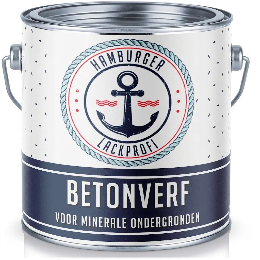 Witte en blauwe blik betonverf met ankerlogo van Hamburger Lackprofi, voor minerale ondergronden.