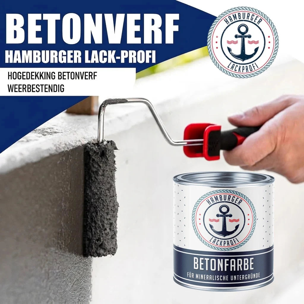 Hamburger Lack-Profi betonverf: hand schildert muur met roller, blik "BETONFARBE FÜR MINERALISCHE UNTERGRÜNDE"