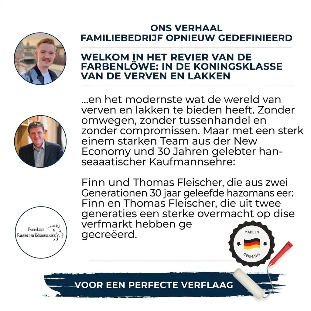 Informatieve afbeelding over het Duitse familiebedrijf Farbenlöwe, dat kwaliteitsverf en -lakken aanbiedt.