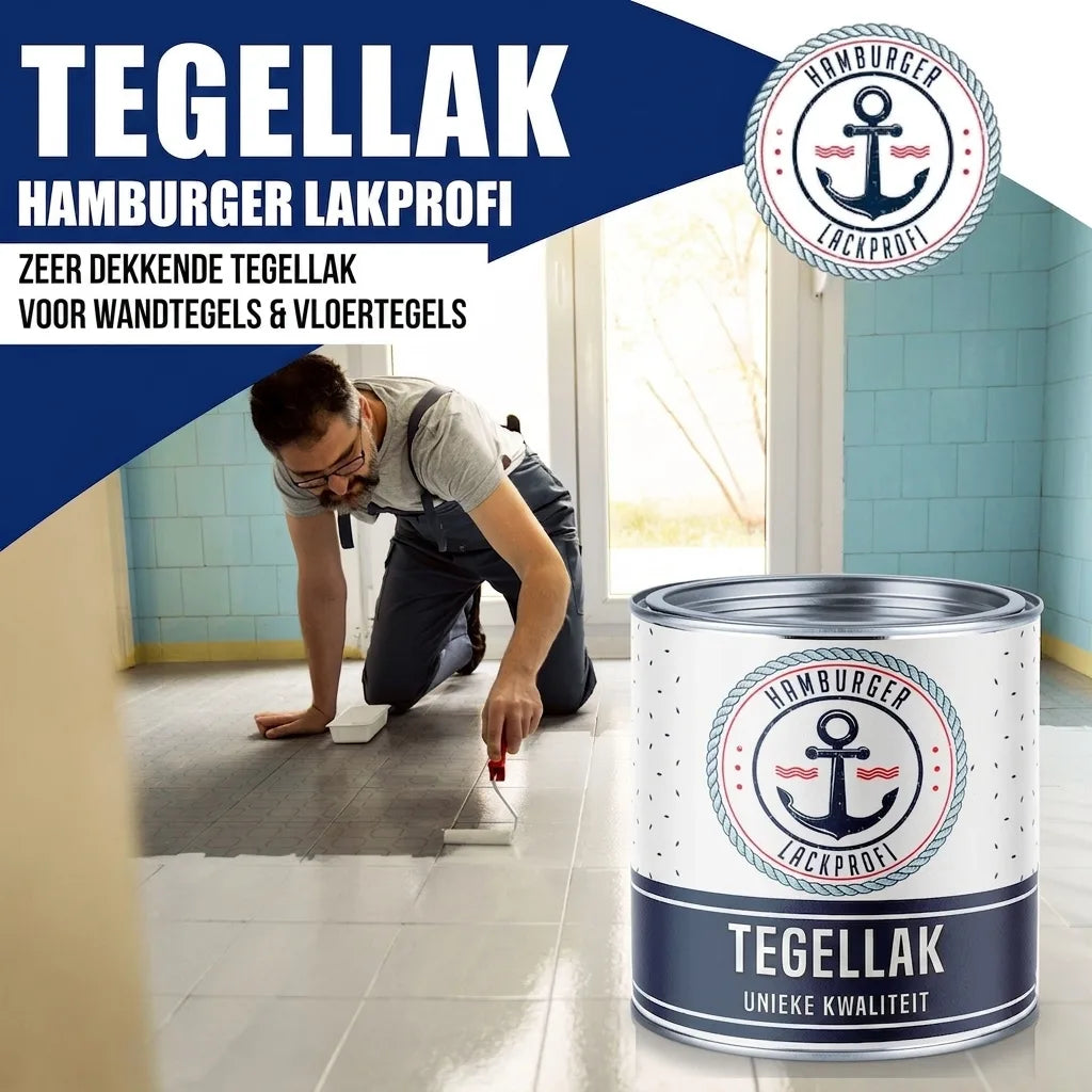 Man schildert vloertegels met Hamburger Lak-Pro tegellak. Hoogdekkende verf voor wand- en vloertegels.
